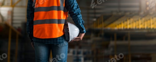 Preview: Professional architect wearing safety gear and hard hat stands