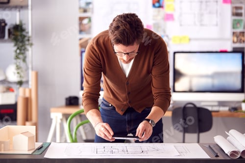 Preview: Male Architect Standing At Desk In Office Taking Photo Of Building Plans With Mobile Phone