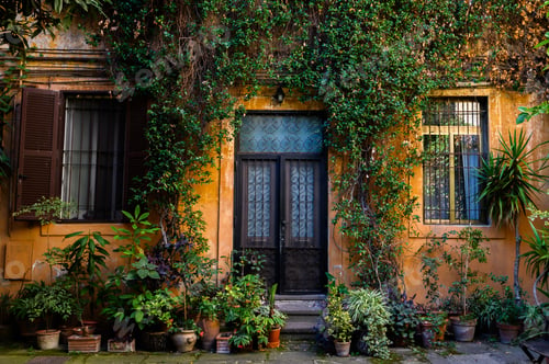 Preview: Antique front door. Yard full of plants in the Trastevere area. Italy, Rome.
