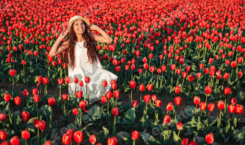 Preview: Delighted stylish woman in tulip field