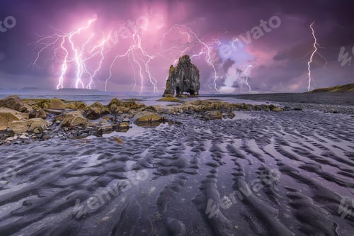 Preview: Breathtaking view of Hvitserkur unique basalt rock in Iceland.