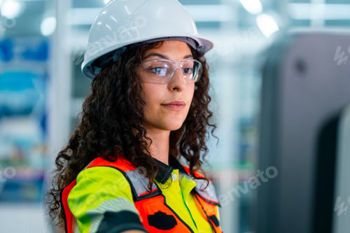 Preview: A woman wearing a safety helmet and orange vest is looking at a computer screen