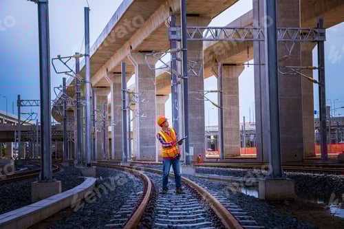 Preview: Engineer under discussion inspection and checking construction process railway switch and checking w
