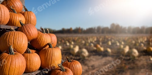 Preview: A display of orange pumpkins with defocused pumpking patch field in the background