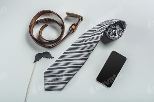Preview: Items on a white background, including a striped tie, belt, phone, and a mustache prop