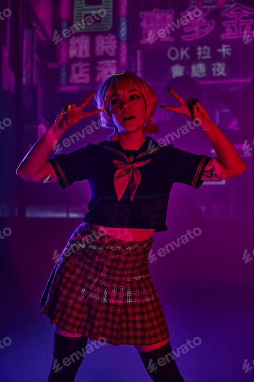 Preview: anime woman in school uniform showing victory signs on purple neon backdrop with hieroglyphs
