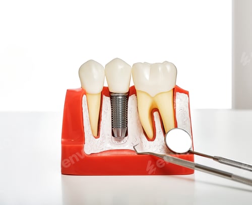 Preview: Dental prosthetics, close-up. Mouth mirror near of an anatomical model of jaw