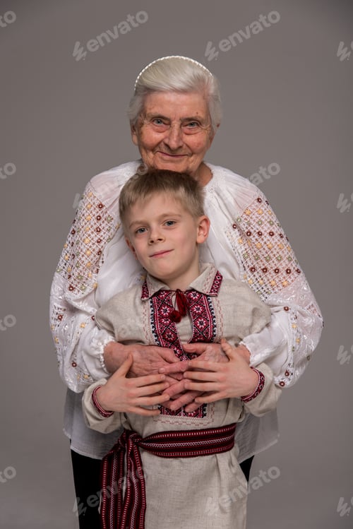 Preview: Grandmother With Grandson. Grandmother Hugging Granddaughter.