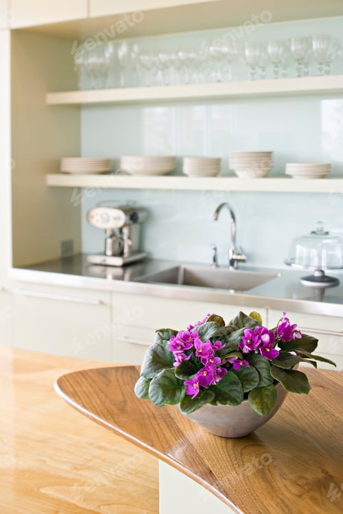 Preview: A traditional farmhouse kitchen with a island and a bowl of African violet plants.