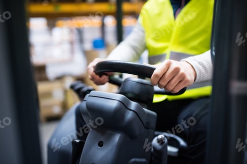 Preview: Warehouse man worker with forklift.
