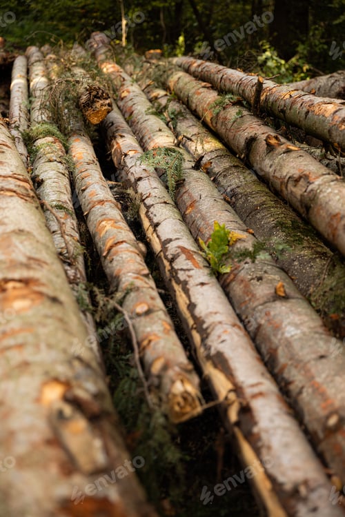 Preview: Shot of cut tree trunks in forest