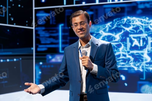Preview: Happy man using mic to discuss about implementation of AI driven solutions