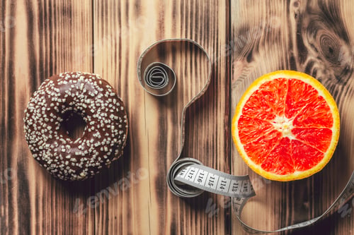 Preview: Question sign made of measuring tape between chocolate donut and red orange on wooden surface
