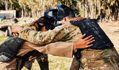 Preview: Group, paintball or team in huddle planning strategy goals, or soldier training on war battlefield