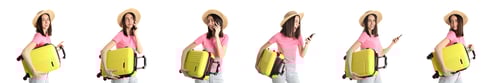 Preview: Traveling Woman with Yellow Suitcase on White Background