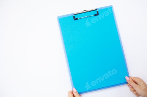 Preview: Blank Folder with Blue Paper. Hand that Holding Folder and Pen on White Background.