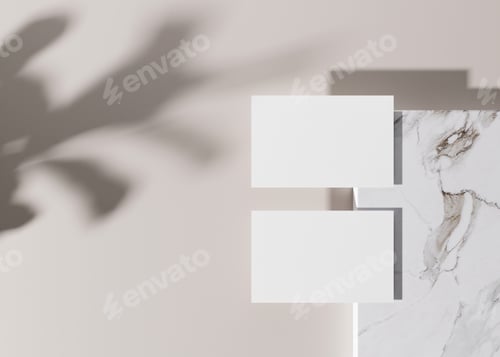 Preview: Blank white business cards on marble surface with plants shadows. Mock up for branding identity.