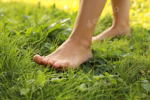 Preview: Woman walking barefoot on green grass, closeup