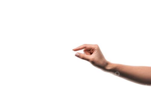 Preview: cropped view of woman showing little sign with fingers isolated on white
