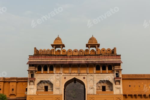 Preview: Amber Fort majestic entrance showing fortified walls and two chhatris in Jaipur, India