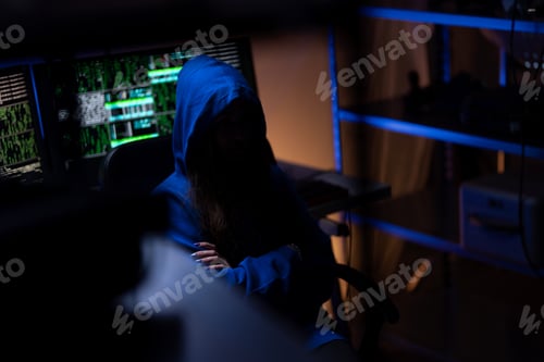 Preview: Hooded anonymous hacker by computer in the dark room at night, cyberwar concept.