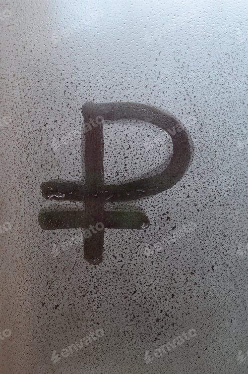 Preview: Symbol of the Russian ruble is written with a finger on the surface of the misted glass
