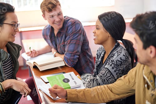 Preview: Sharing college experiences. Overhead shot of students hanging out together between class.