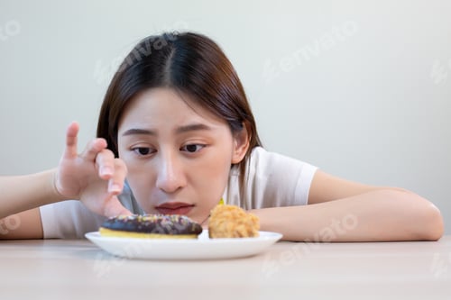 Preview: Asian woman staring at fried chicken and a donut with hesitation, representing diet struggle