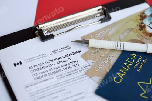 Preview: Application for Canadian citizenship for adults on table with pen, passport and dollar bills