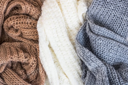 Preview: Three Knitted Scarves in Brown, White, and Grey