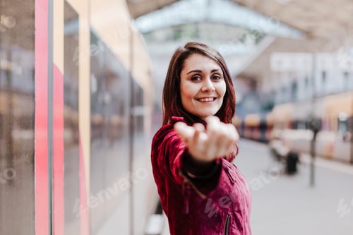 Preview: beautiful caucasian woman in train station waiting to travel. Travel and lifestyle concept