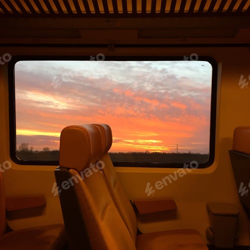 Preview: Sunset through a train window in Dutch landscape