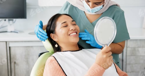 Preview: Dentist, woman patient and mirror for dental care results, teeth and smile at consultation. Medical