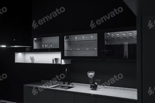 Preview: Grayscale shot of a modern kitchen