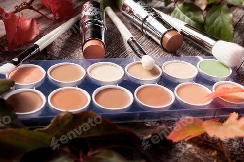 Preview: Professional cosmetics make up prducts in autumn concept on dark wooden background