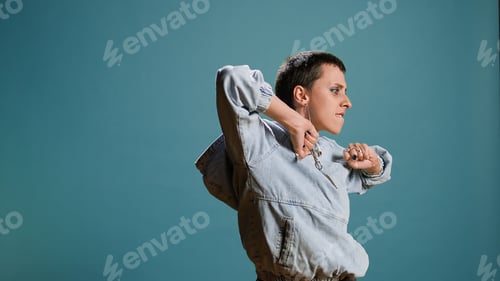 Preview: Groovy bold funky woman dancing and fooling around in the studio