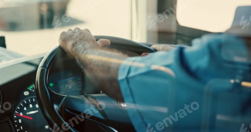 Preview: Hands, wheel and person for driving bus for public transportation, local service and urban travel.