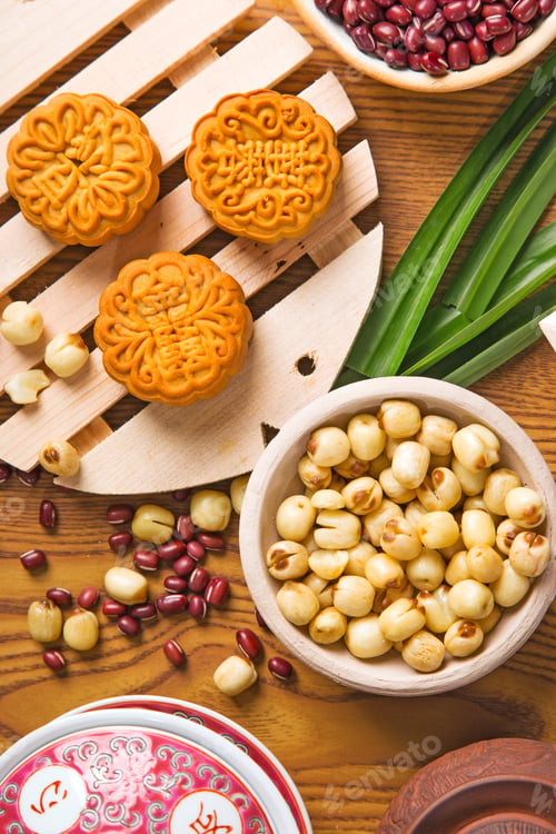 Mooncakes, Red Beans, and Lotus Seeds on Wooden Table
