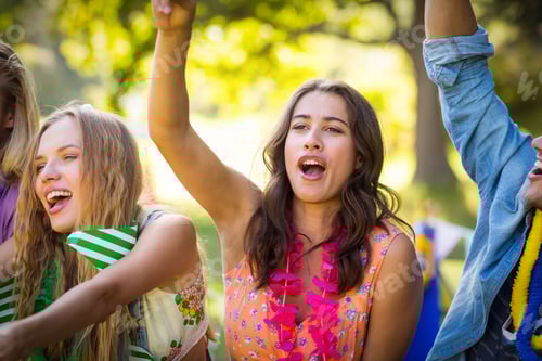 Preview: Group of friends dancing at music festival