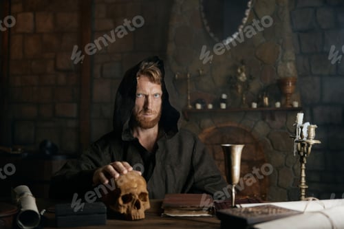 Preview: Mystical spooky medieval monk in black cassock with human skull on table