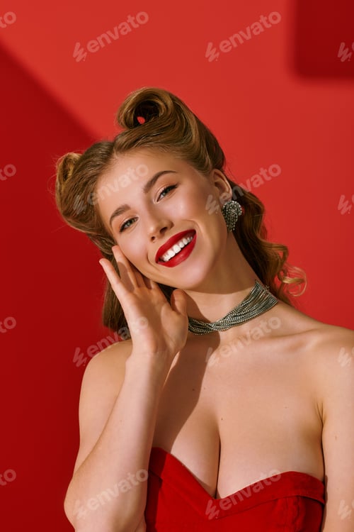 Preview: Stunning young woman with captivating smile showcases her chic style against a vibrant backdrop