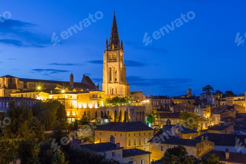 Preview: View over St. Emilion town rooftops and church at dusk, Bordeaux region.