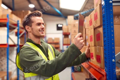 Preview: Male Worker Wearing Inside Warehouse Scanning Stock Barcode On Shelves Using Digital Tablet