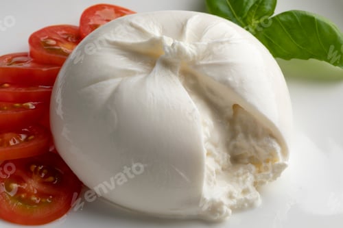 Preview: Fresh piece burrata cheese close up on white background