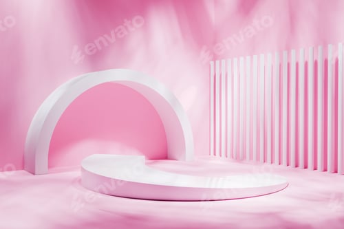 Preview: Mockup scene of minimalist pink and white geometric arch and empty platform