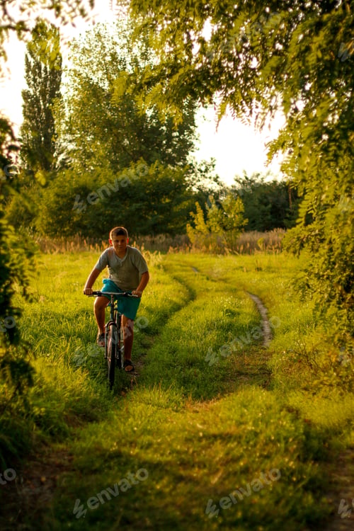 Preview: Happy childhood. A beautiful teenage boy rides a bicycle in the countryside path. Nature green summe