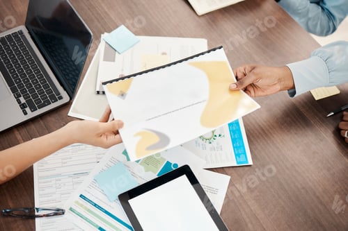 Preview: Documents, analytics and hands with paperwork in meeting, giving report to coworker. Statistics, fi