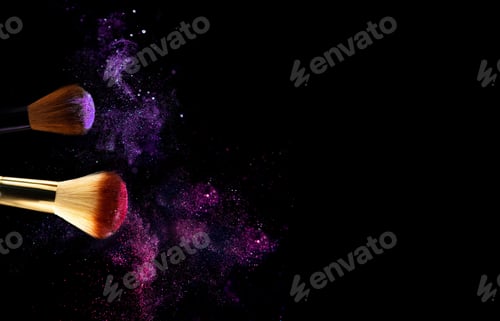 Preview: Cosmetics brushes and explosion pink purple makeup powder. Makeup brush