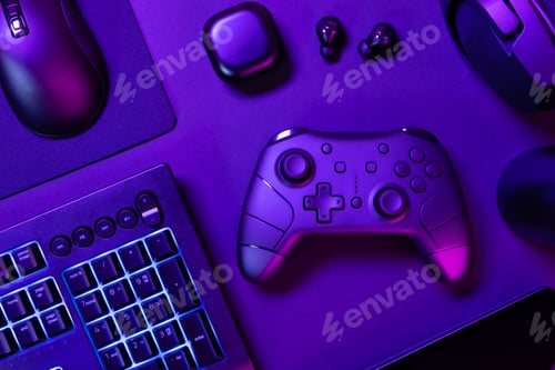 Preview: Blue lit keyboard amidst various devices