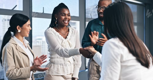 Preview: Business people, handshake and meeting applause for partnership, onboarding and thank you or congra